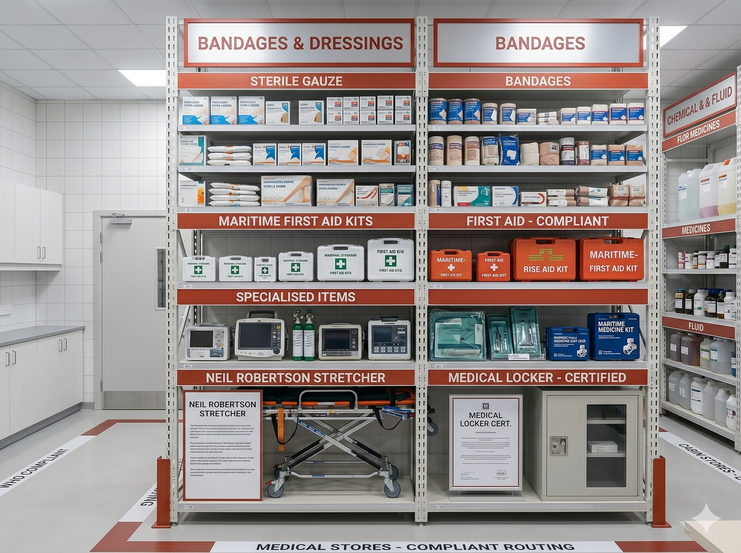 Medical stores and first aid supplies